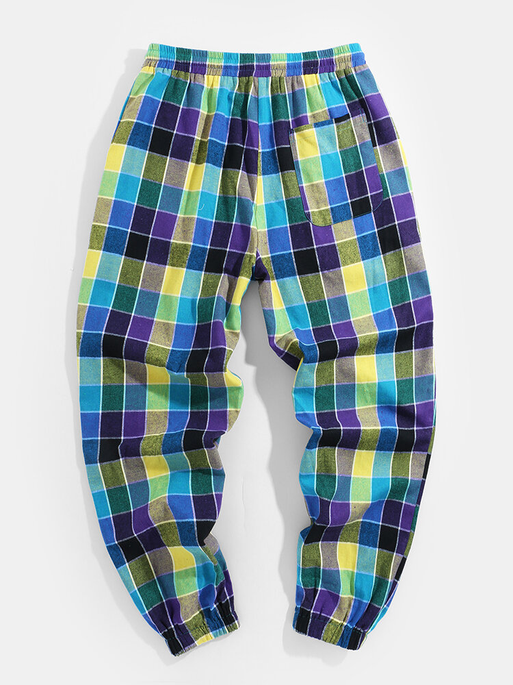 
	Mens 100% Cotton Colorful Check Casual Drawstring Jogger Pants With Pocket