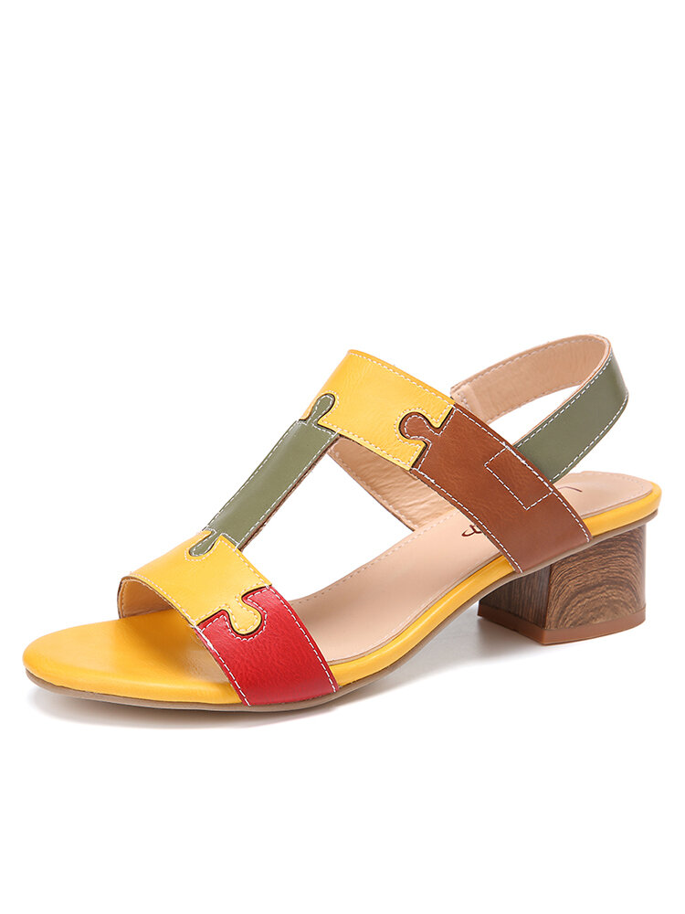 
	LOSTISY Color Block T Shape Opened Toe Elastic Band Chunky Heel Sandals