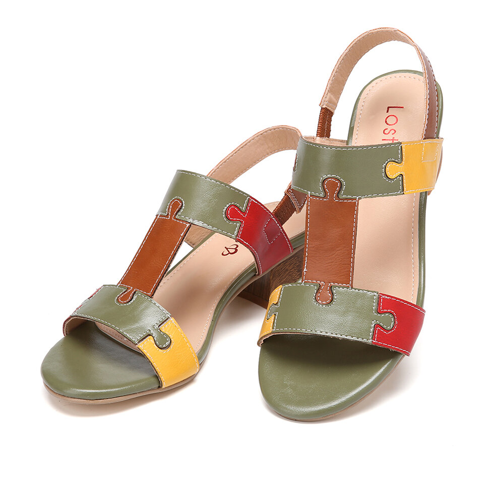 
	LOSTISY Color Block T Shape Opened Toe Elastic Band Chunky Heel Sandals