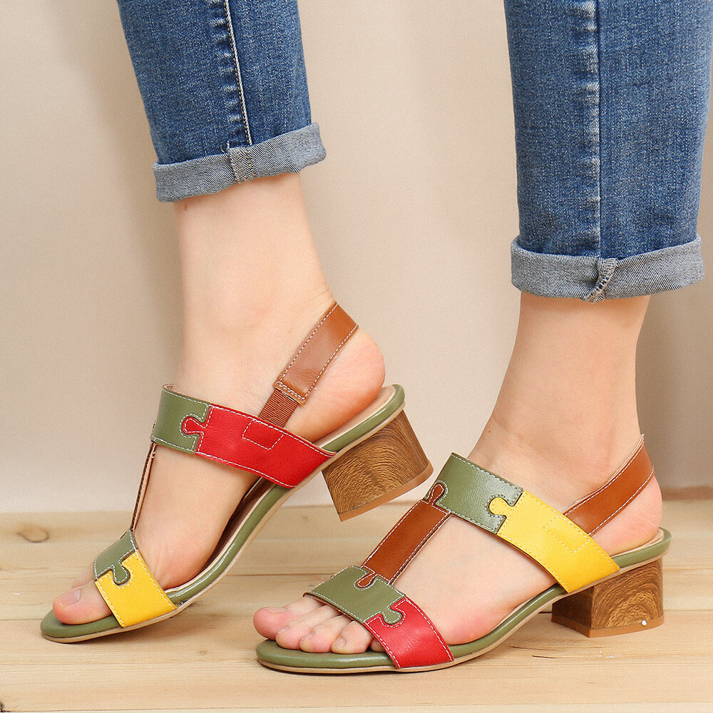 
	LOSTISY Color Block T Shape Opened Toe Elastic Band Chunky Heel Sandals
