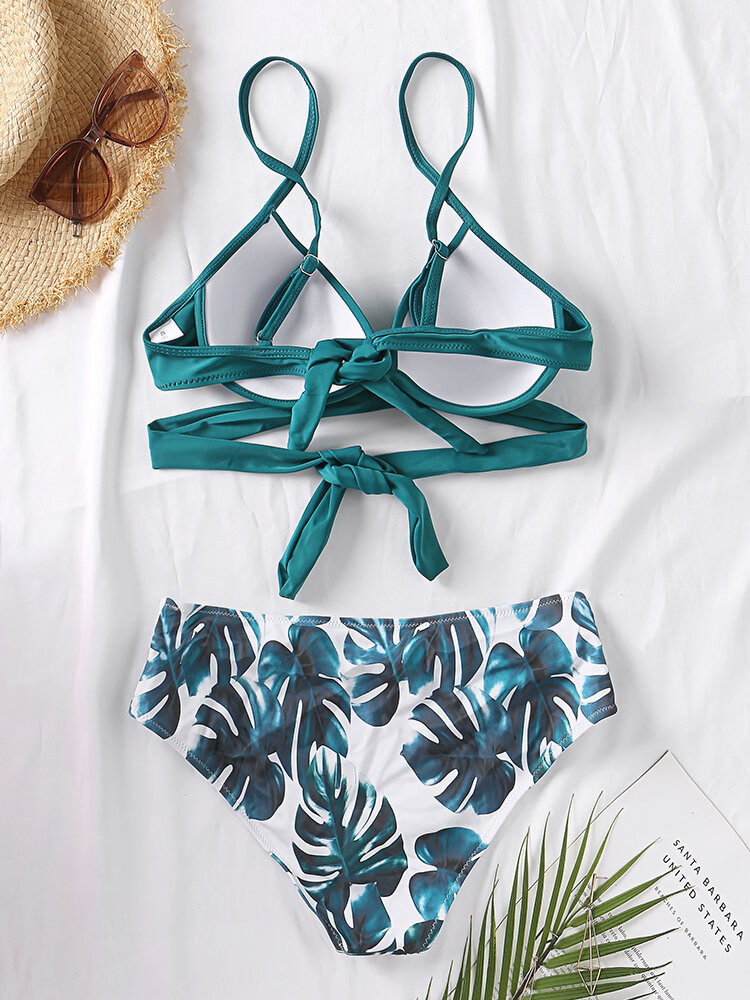 
	Women Plant Print Wrap Underwire Tie Back Spaghetti Straps Bikinis Swimwear