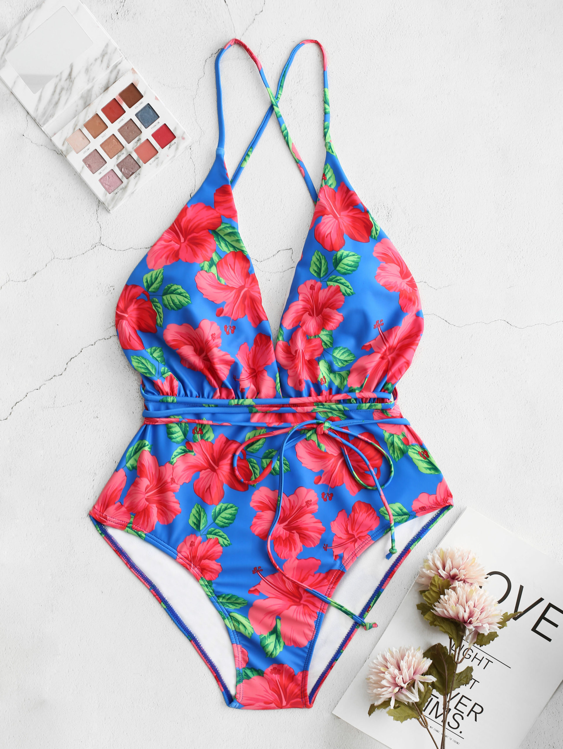 
	Floral Blue Swimsuits V-Neck Sexy Floral Print One Piece for Women