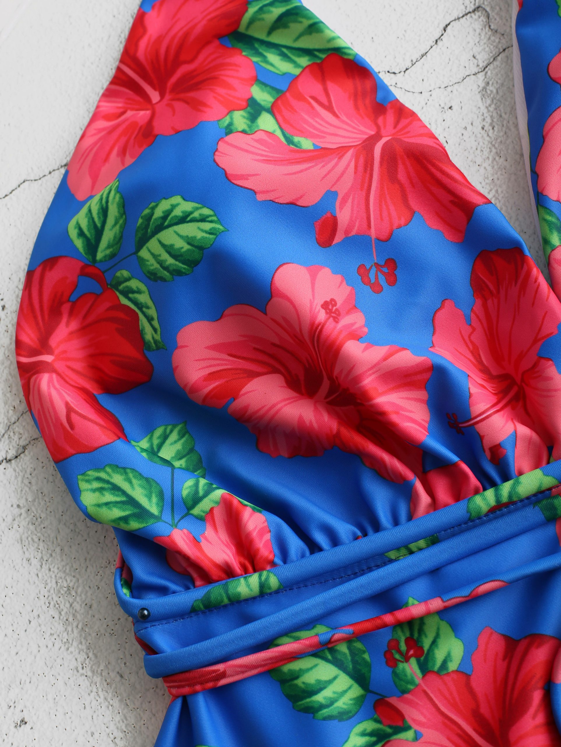 
	Floral Blue Swimsuits V-Neck Sexy Floral Print One Piece for Women