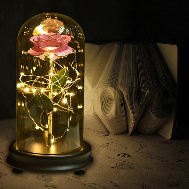 
	24K Gold Rose with LED Light Artificial Decoration Dome Wood Base Valentine&rsquo;s Gifts