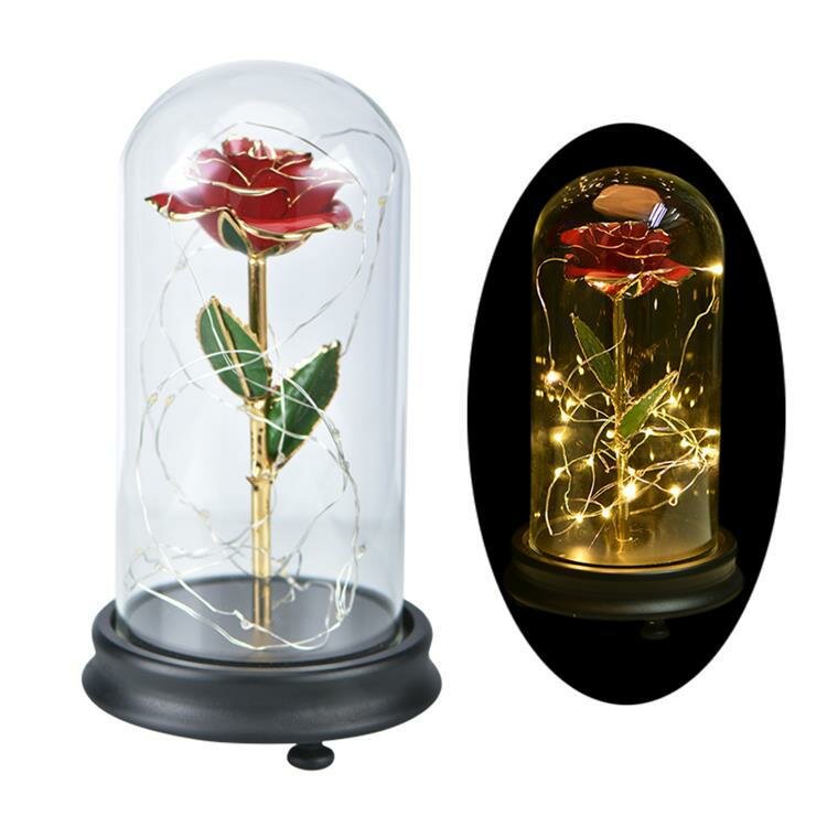 
	24K Gold Rose with LED Light Artificial Decoration Dome Wood Base Valentine&rsquo;s Gifts