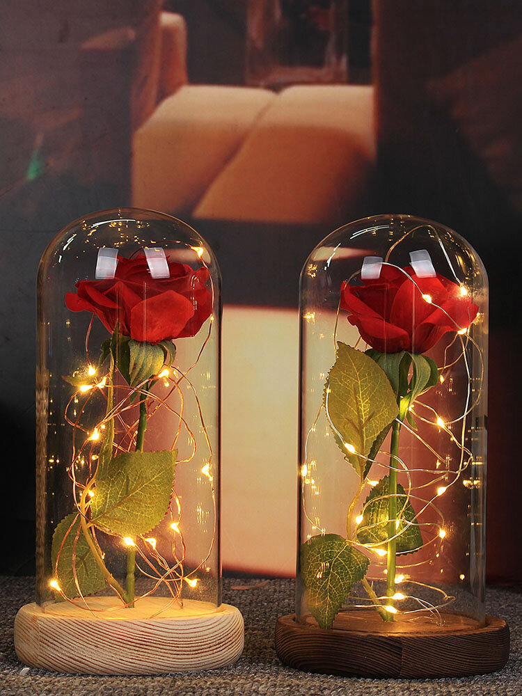 
	Christmas Decorations Beauty Enchanted Preserved Red Fresh Rose Glass Cover + LED Light