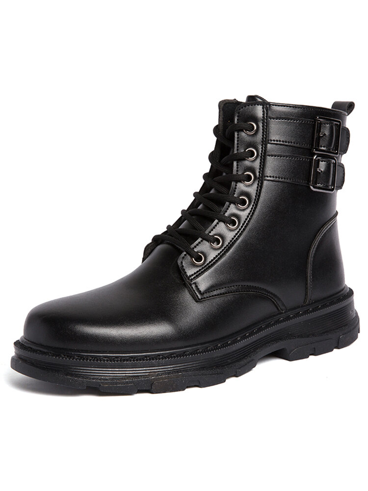 
	Men Non-Slip Pure Color Buckle PU Lace Up Casual Short Calf Boots
