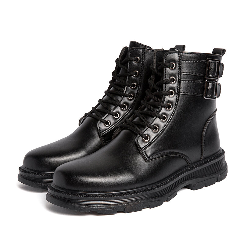 
	Men Non-Slip Pure Color Buckle PU Lace Up Casual Short Calf Boots