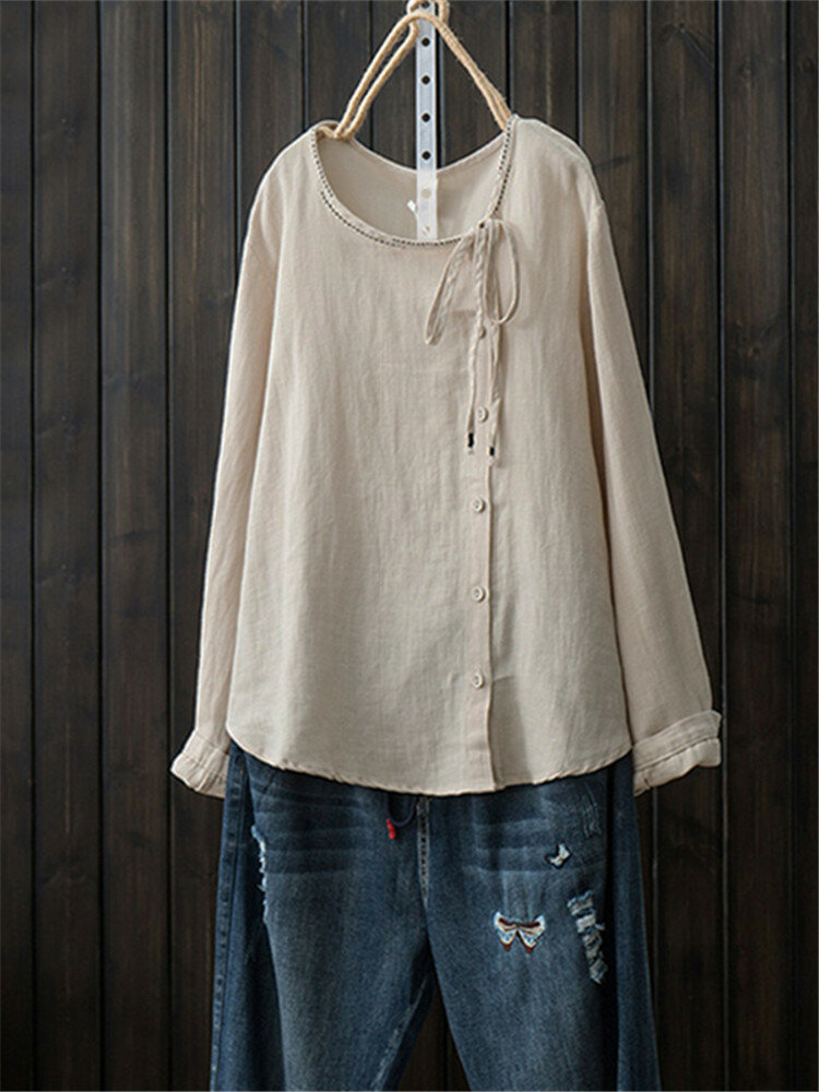 
	Front Button Crew Neck Long Sleeve Casual Shirt