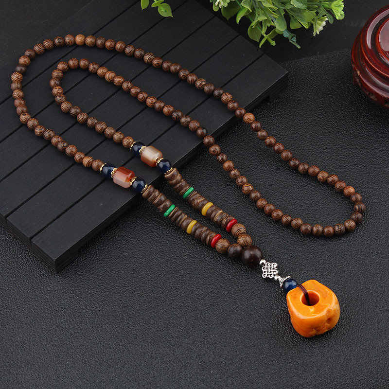 
	Ethnic Geometric Pendant Long Necklace Jade Agate Handmade String Beads Long Necklace