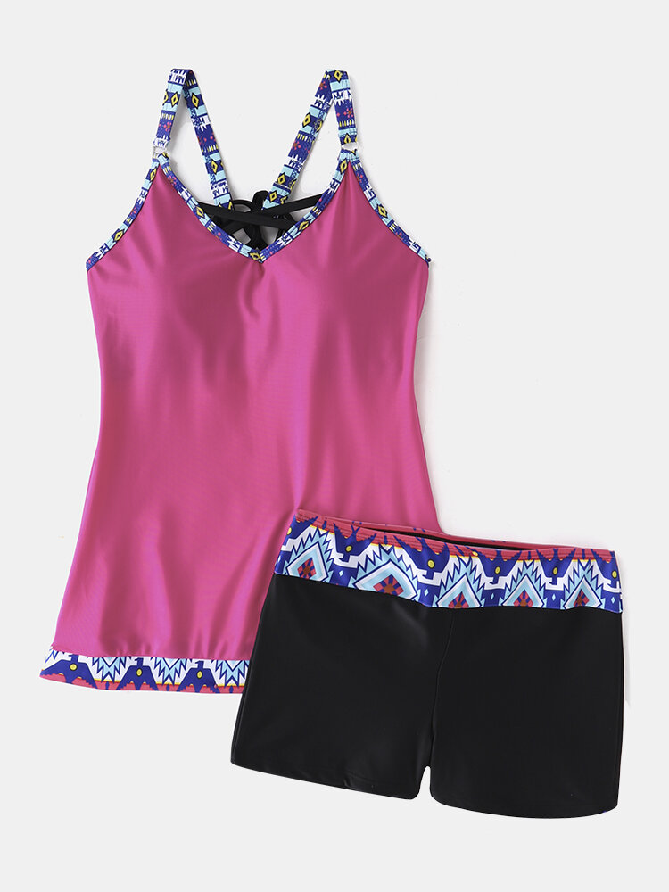 
	Plus Size Women Ethnic Pattern Patchwork Beauty Back Strappy Tankinis Swimsuit