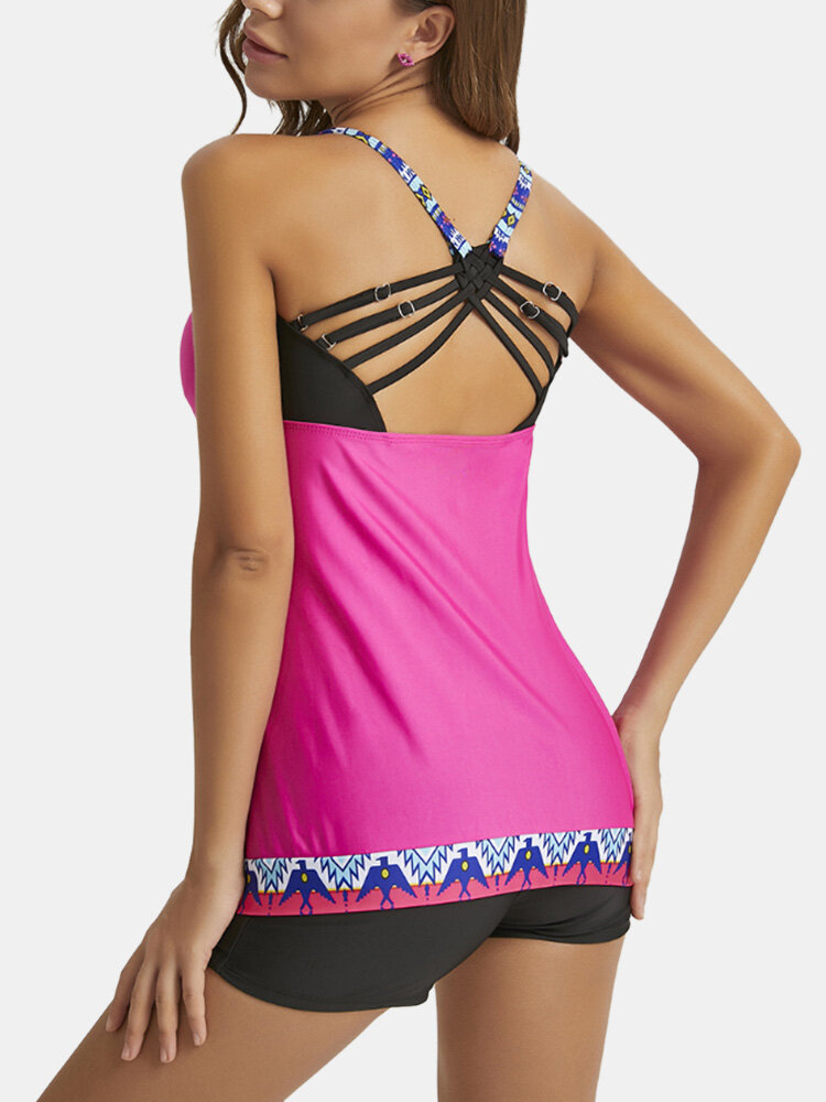 
	Plus Size Women Ethnic Pattern Patchwork Beauty Back Strappy Tankinis Swimsuit