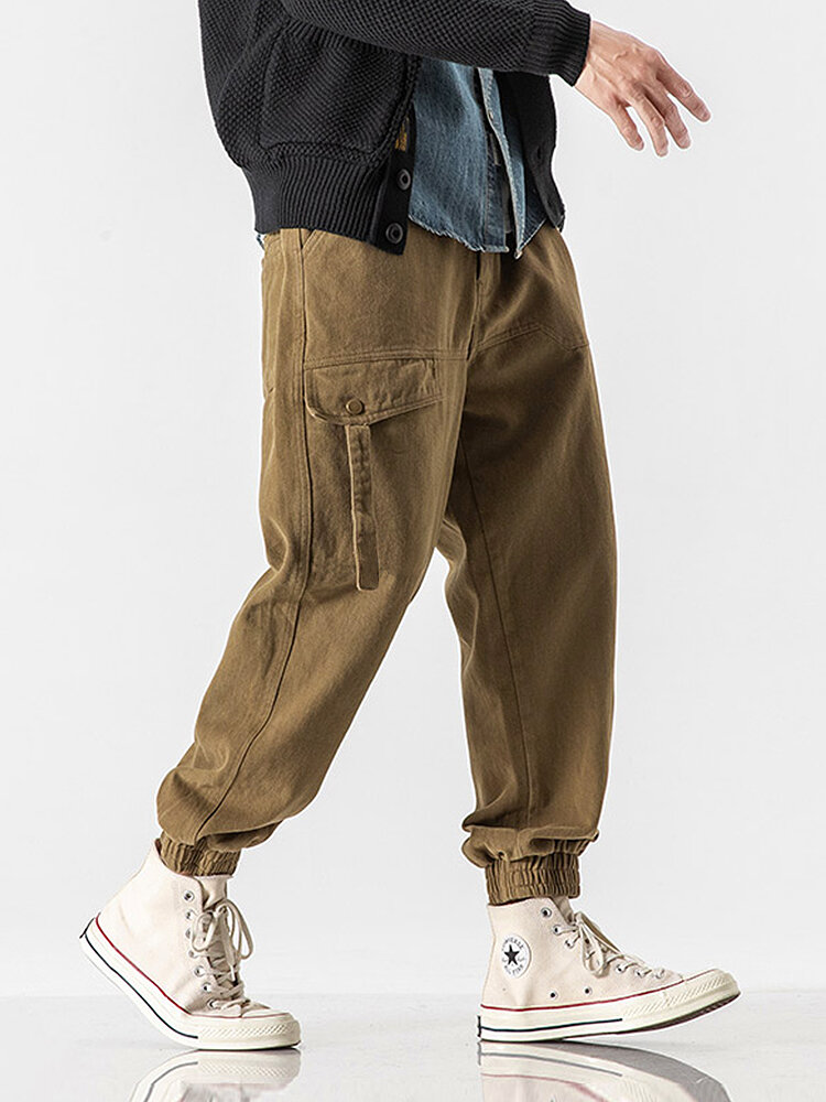 
	Mens 100% Cotton Solid Zipper Fly Casual Elastic Cuff Cargo Pants