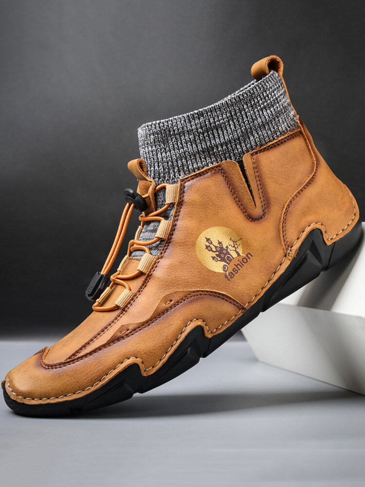 
	Menico Men Cow Leather Splicing Non Slip Elastic Lace Soft Sole Casual Boots