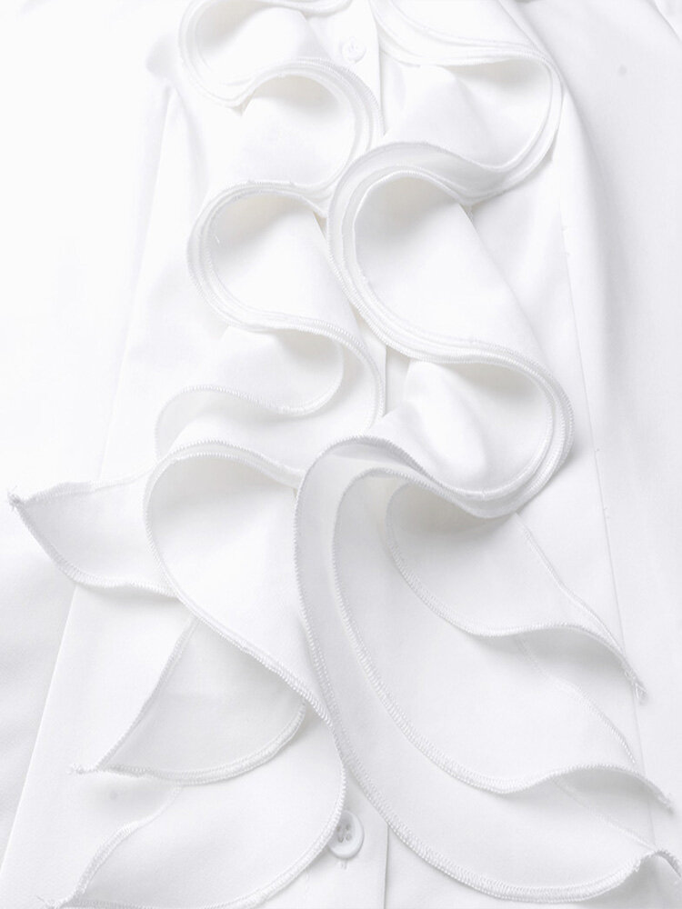 
	Ruffled Decorat Long Sleeve Button Work Elegant Blouse