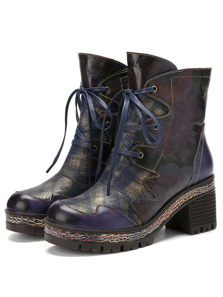
	Socofy Retro Ethnic Floral Print Leather Side-zip Comfy Warm Lining Chunky Heel Short Boots