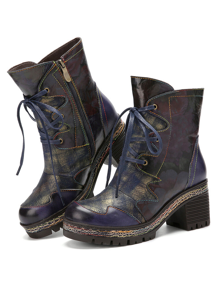 
	Socofy Retro Ethnic Floral Print Leather Side-zip Comfy Warm Lining Chunky Heel Short Boots