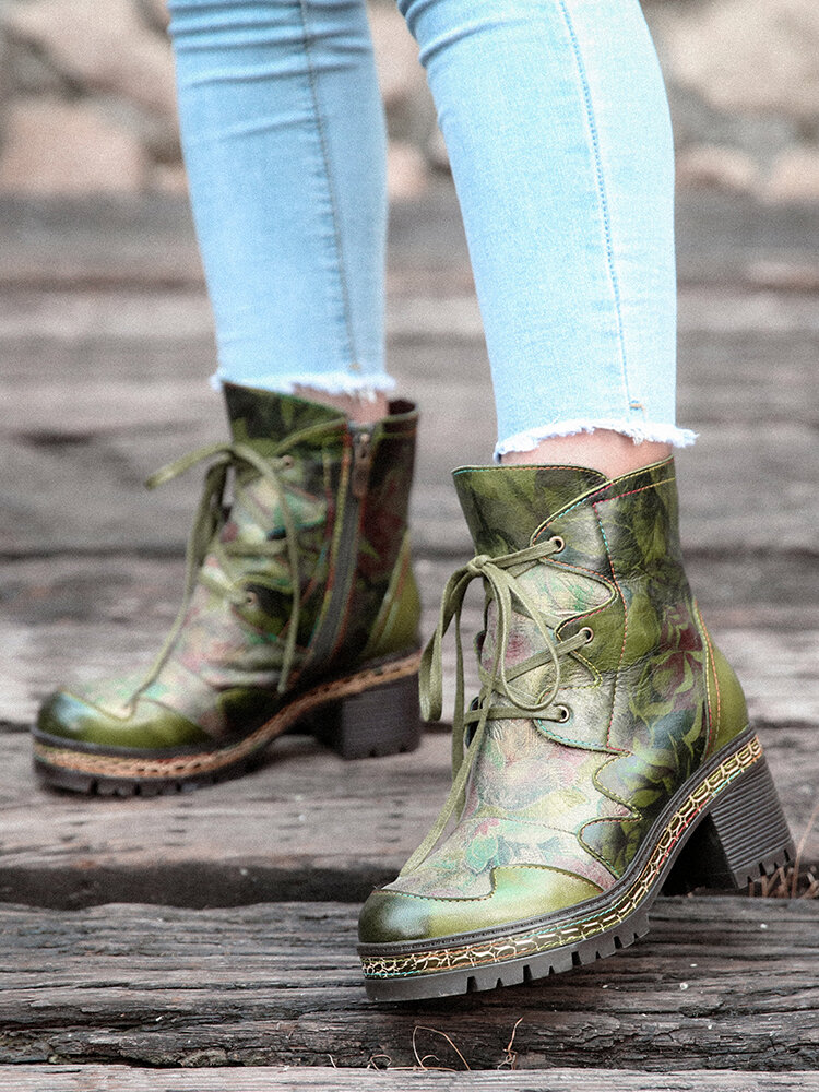 
	Socofy Retro Ethnic Floral Print Leather Side-zip Comfy Warm Lining Chunky Heel Short Boots