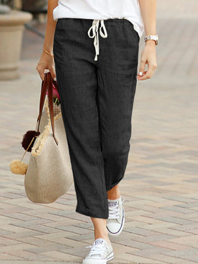 
	Solid Color Casual Drawstring Elastic Waist Soft Cotton Pants