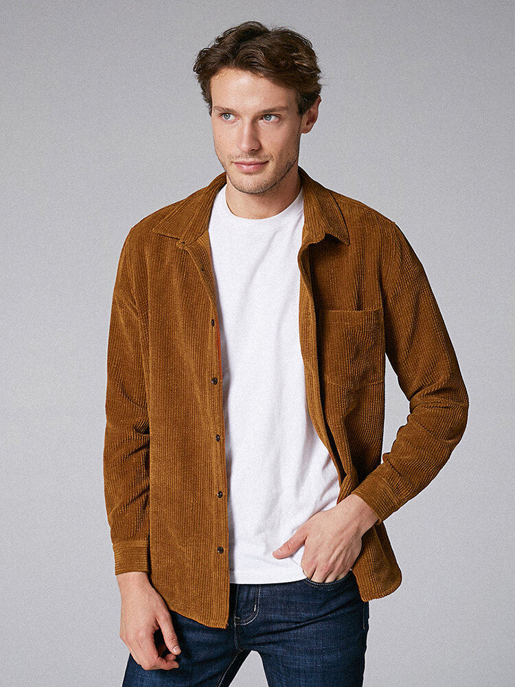 
	Mens Plain Style Corduroy Solid Color Casual Long Sleeve Shirts