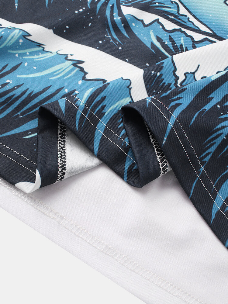 
	Mens Cartoon Wave Fish Print Short Sleeve White Ukiyoe T-Shirt