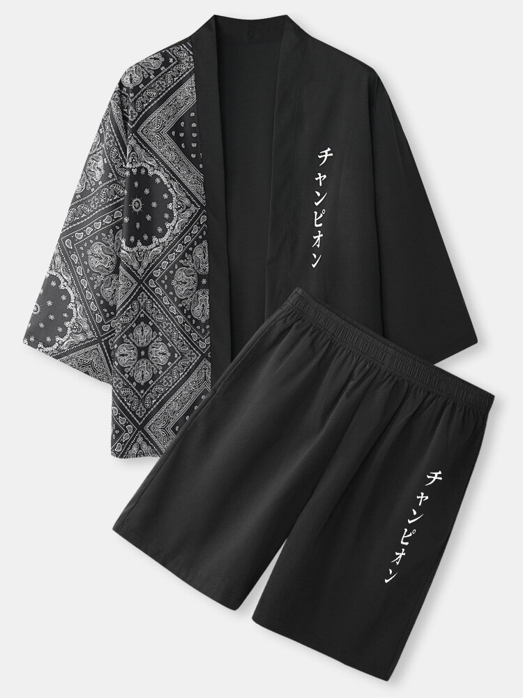
	Mens Paisley Scarf Japanese Print Open Front Kimono Two Pieces Outfits
