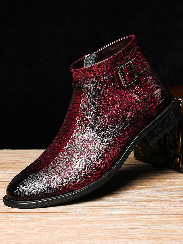 
	Men Cow Leather Non Slip Metal Buckle Crocodile Pattern Casual Boots
