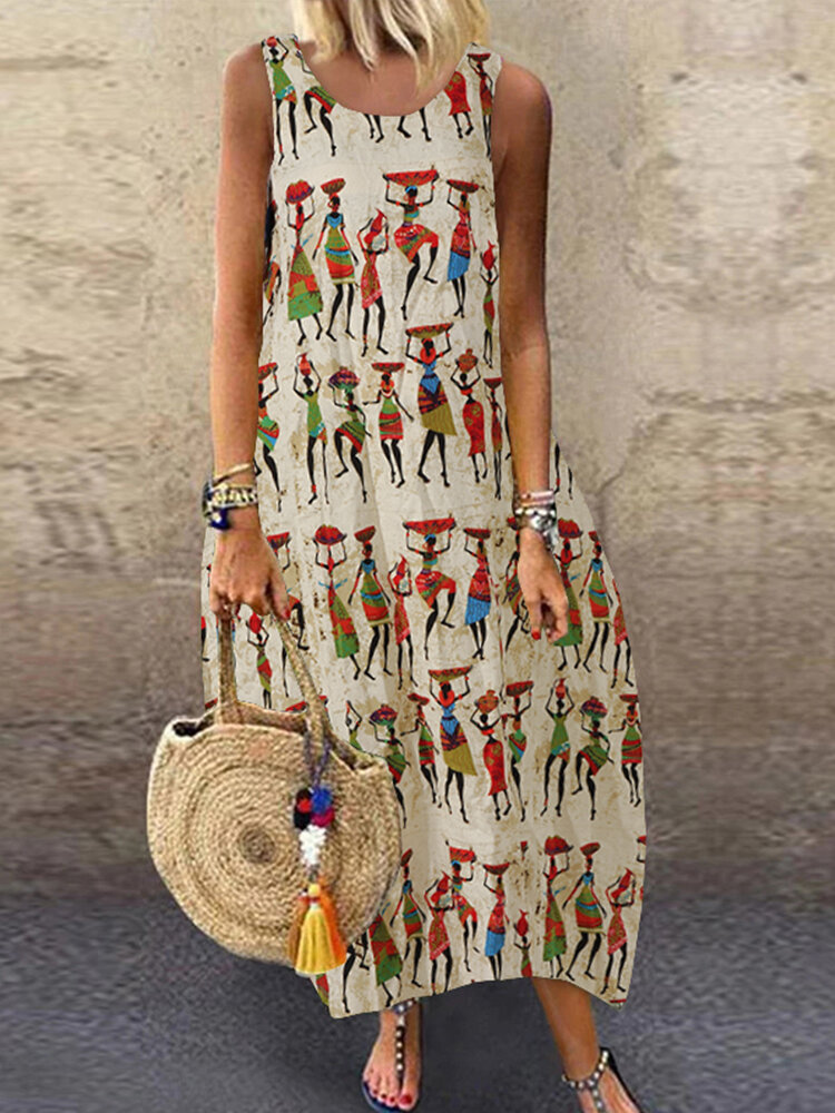 
	Vintage Print Sleeveless Plus Size Summer Dress