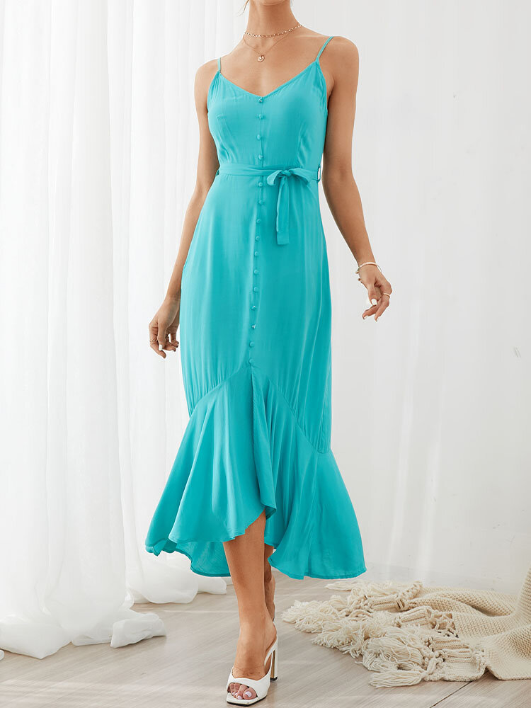 
	Solid Color Sleeveless Backless Knotted Breasted Ruffle&nbsp;Hem Strap Sexy Dress