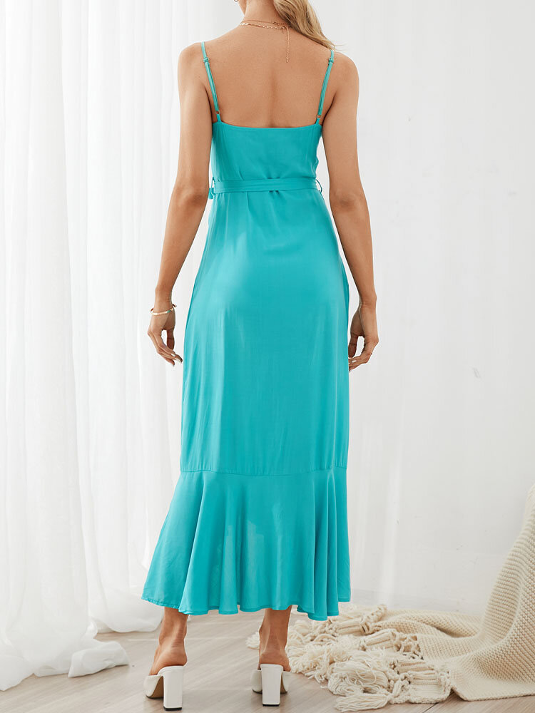 
	Solid Color Sleeveless Backless Knotted Breasted Ruffle&nbsp;Hem Strap Sexy Dress