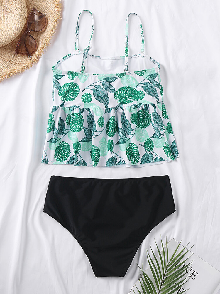 
	Women Leaf Print Ruffle Cover Belly Peplum Tankinis Swimsuit
