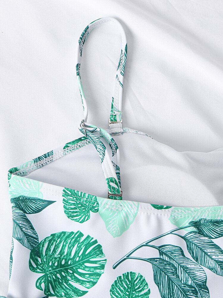 
	Women Leaf Print Ruffle Cover Belly Peplum Tankinis Swimsuit