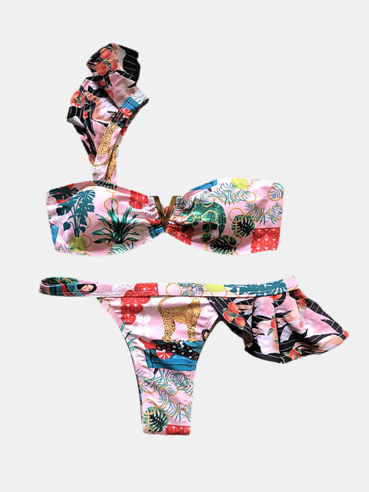 
	Women One Shoulder Floral Printing Bikinis Flounce Trims Backless Beachwear