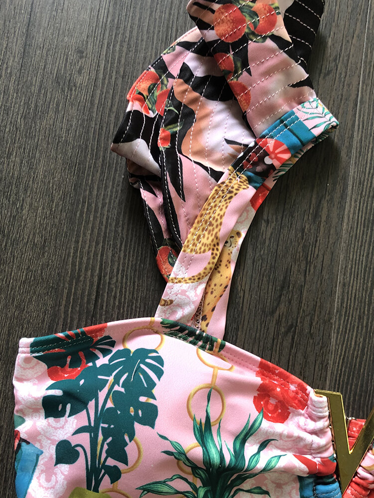 
	Women One Shoulder Floral Printing Bikinis Flounce Trims Backless Beachwear