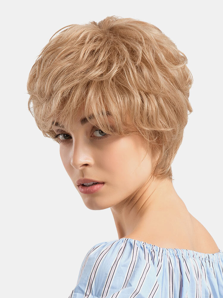 
	Human Hair Short Wigs Fashion Gold Short Curly Hair Wigs Full Bangs Hair Hearwear For Women