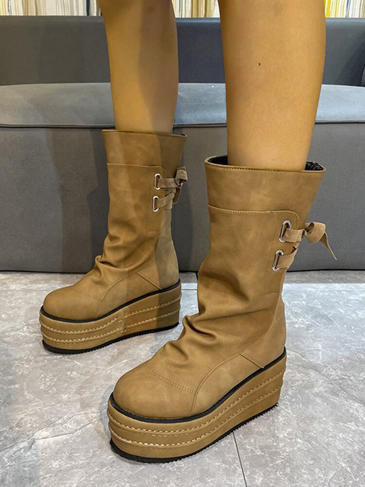 
	Large Size Women Casual Back Lace-up Comfy Platform Mid Calf Boots