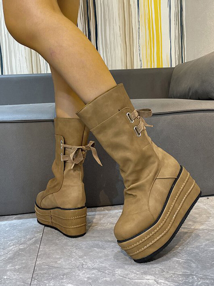 
	Large Size Women Casual Back Lace-up Comfy Platform Mid Calf Boots