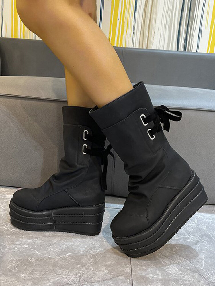 
	Large Size Women Casual Back Lace-up Comfy Platform Mid Calf Boots