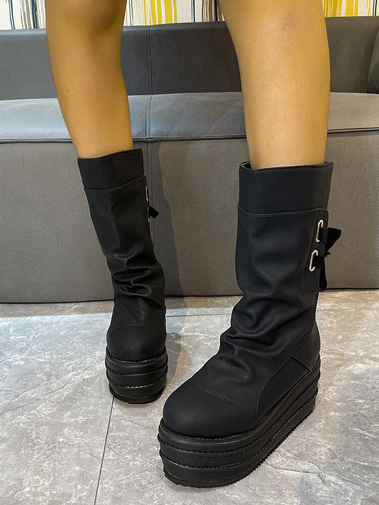 
	Large Size Women Casual Back Lace-up Comfy Platform Mid Calf Boots