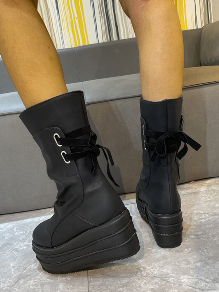 
	Large Size Women Casual Back Lace-up Comfy Platform Mid Calf Boots