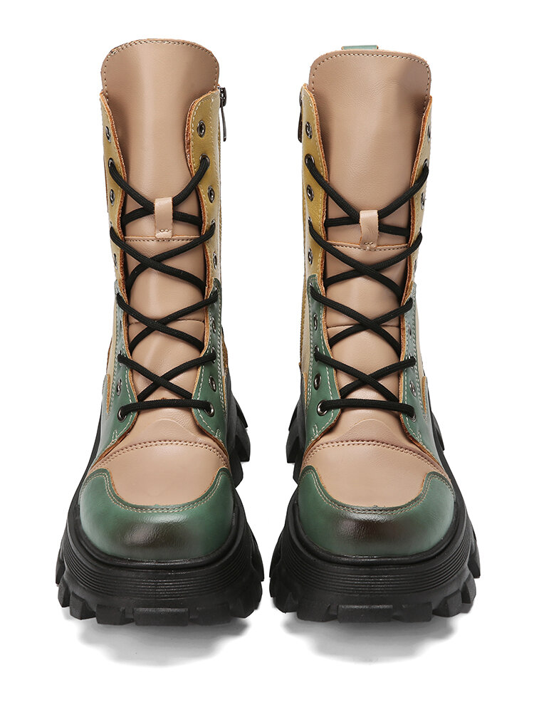 
	Women Casual Colorblock Side Zipper Comfy Platform Tooling Boots