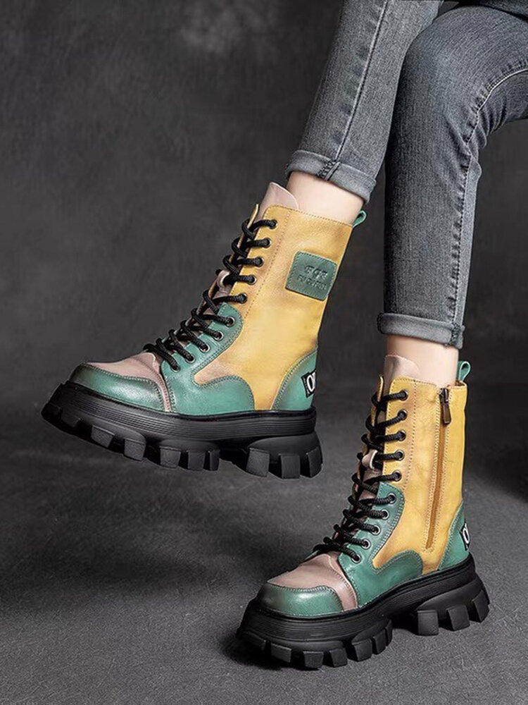 
	Women Casual Colorblock Side Zipper Comfy Platform Tooling Boots