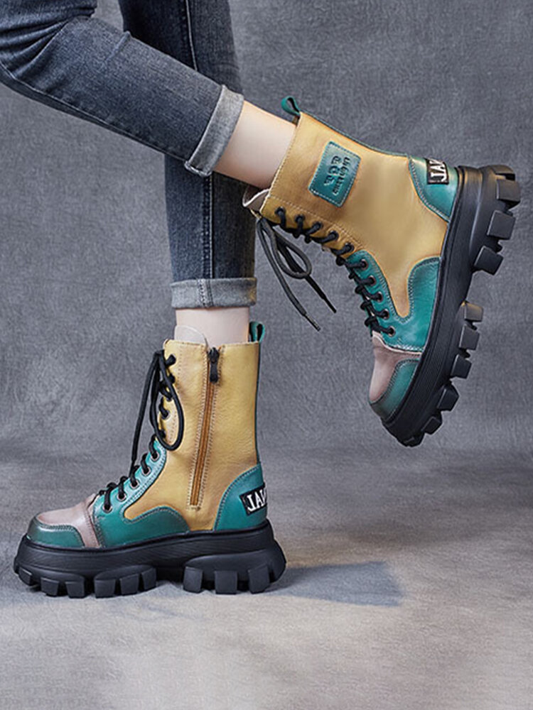 
	Women Casual Colorblock Side Zipper Comfy Platform Tooling Boots