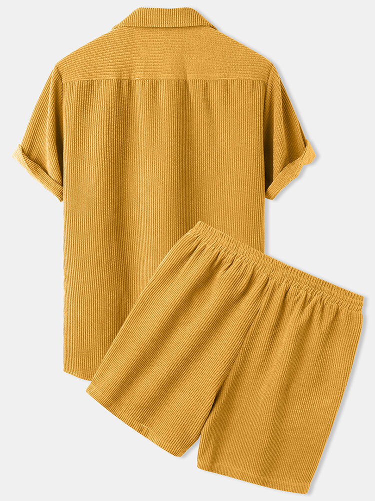 
	Mens Thin Corduroy Solid Patch Pocket Breathable Short Sleeve Shirt & Shorts