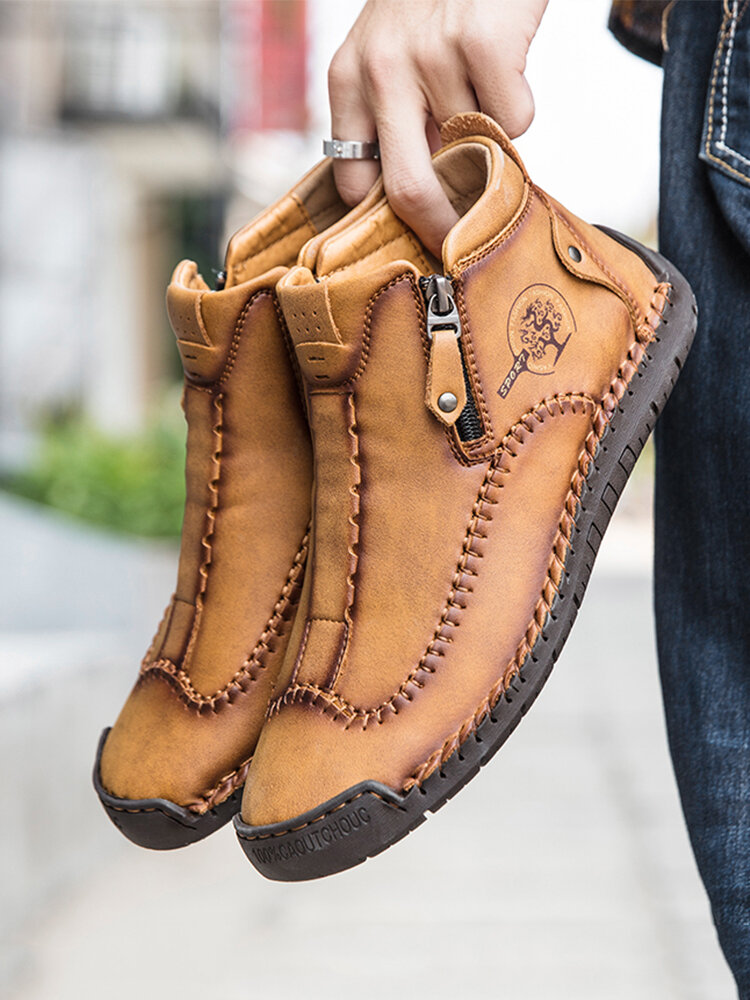 
	Men Stylish Side Zipper Hand Stitching Microfiber Leather Casual Ankle Boots