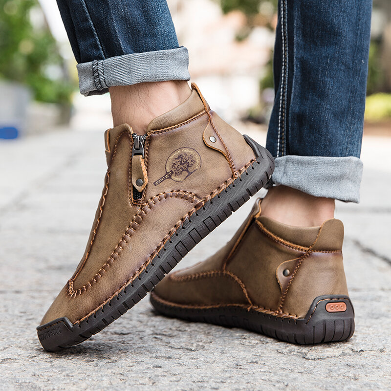 
	Men Stylish Side Zipper Hand Stitching Microfiber Leather Casual Ankle Boots