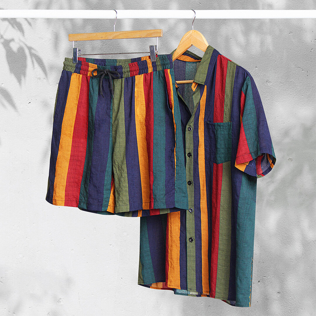 
	Men Thin & Breathable Cotton Outfits Sets Colorful Stripe Holiday Short Sleeve Two Pieces