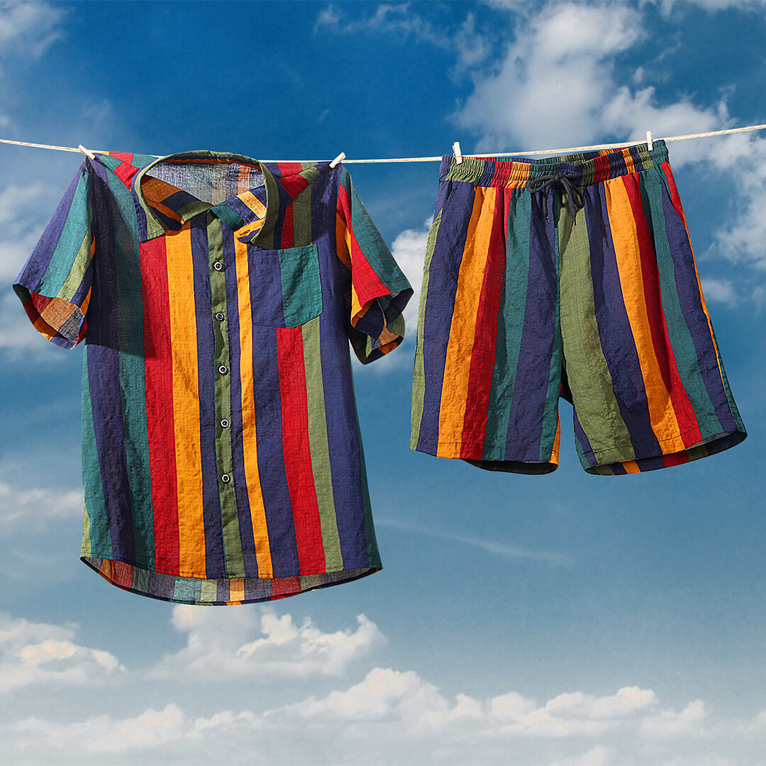 
	Men Thin & Breathable Cotton Outfits Sets Colorful Stripe Holiday Short Sleeve Two Pieces