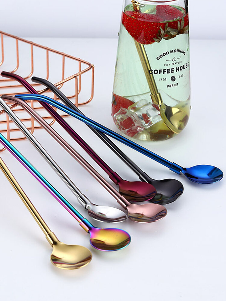 
	Colorful Reusable 2 In 1 Drinking Straws Spoon Stainless Steel Metal Straws Cocktail Milk Coffee