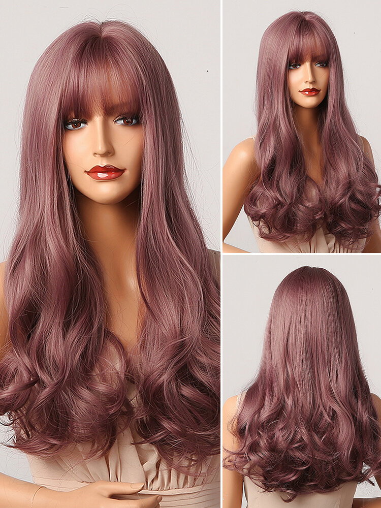 
	Purple Potato Red Mixed Color Long Water Ripples Curly Hair With Air Bangs Fashion Synthetic Wig For Daily Use And Masquerade